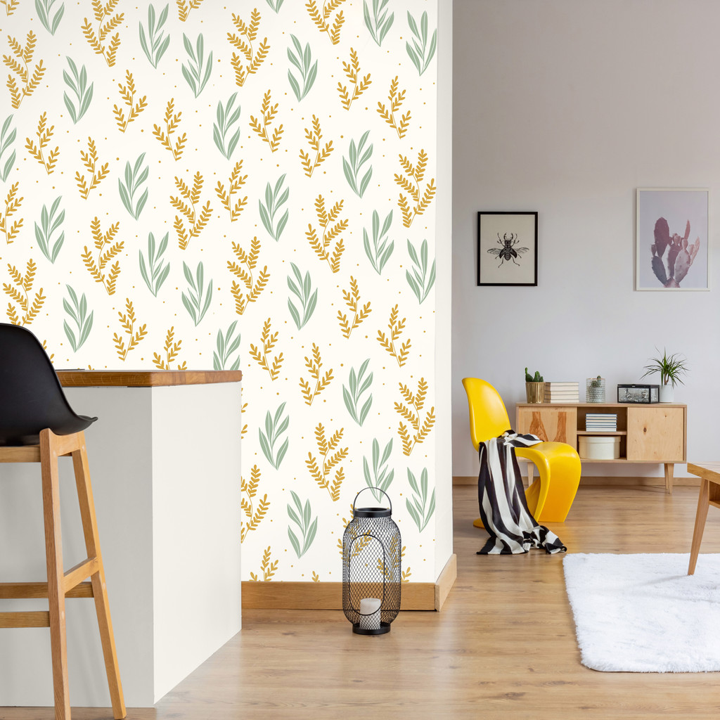 Modern Nordic wallpaper with green and mustard underwater plants on a light yellow dotted background - Dekoori image 2