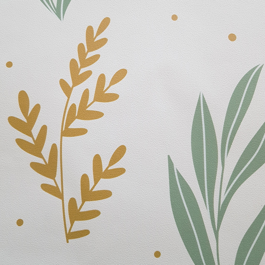 Modern Nordic wallpaper with green and mustard underwater plants on a light yellow dotted background - Dekoori image 4