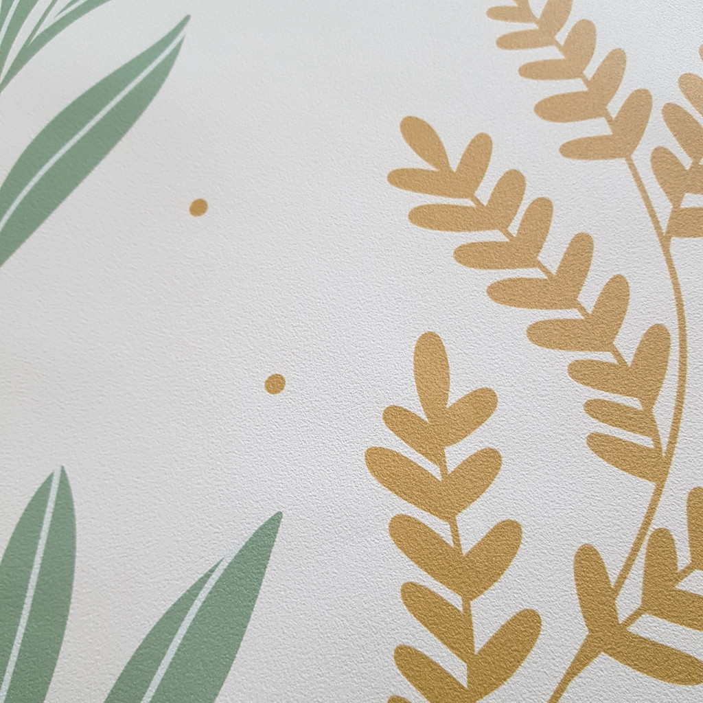 Modern Nordic wallpaper with green and mustard underwater plants on a light yellow dotted background - Dekoori image 3