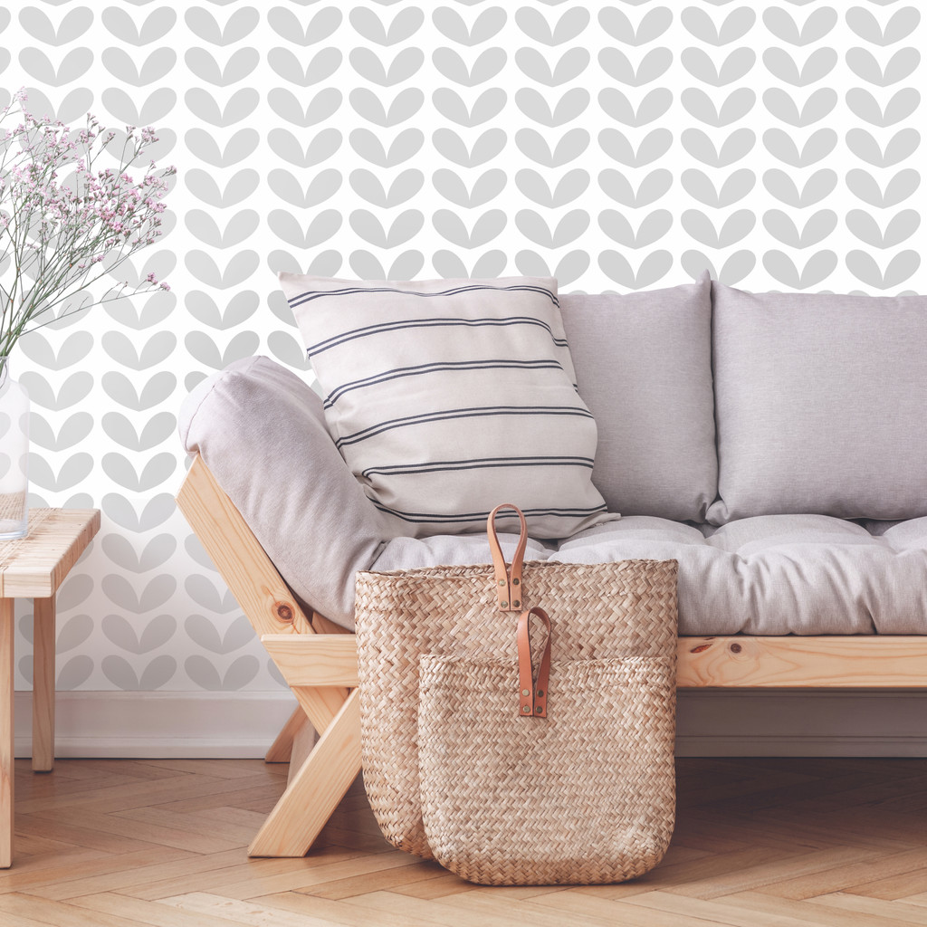 Modern white wallpaper with grey heart-shaped leaves in Nordic boho style - Dekoori image 2