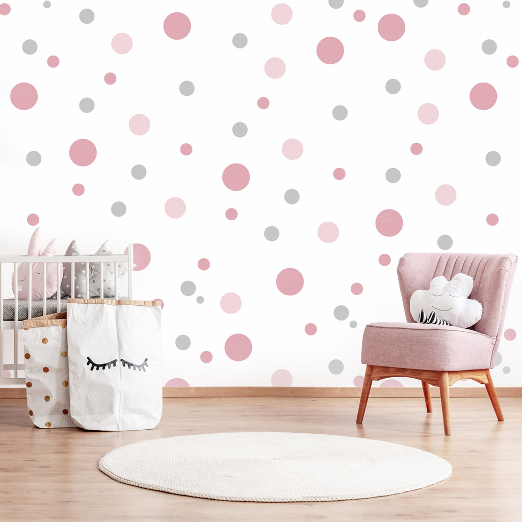 Pastel wallpaper for baby's room with pink and grey bubbles, circles, dots - Dekoori image 2