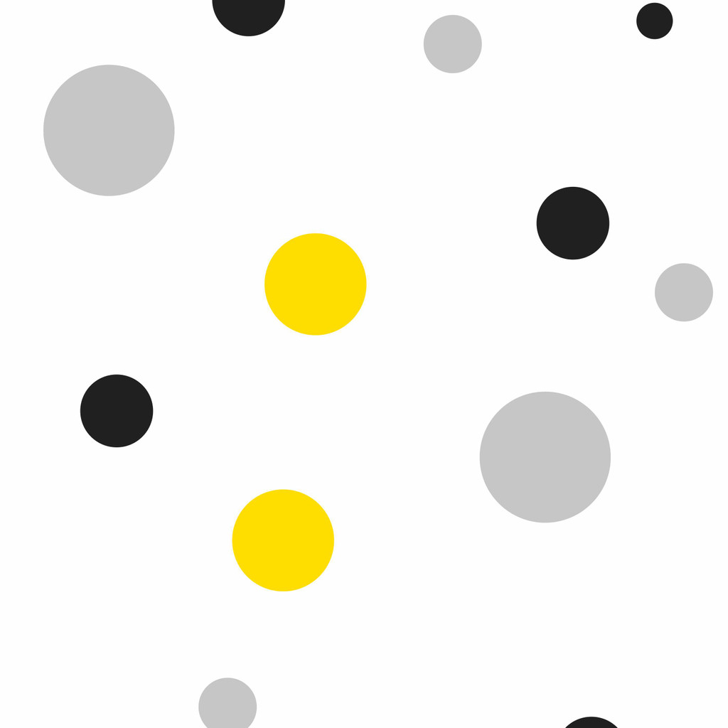 Moderní bílá tapeta s bublinami, šedými, černými a žlutými tečkami, puntíky - Dekoori obrázek 1