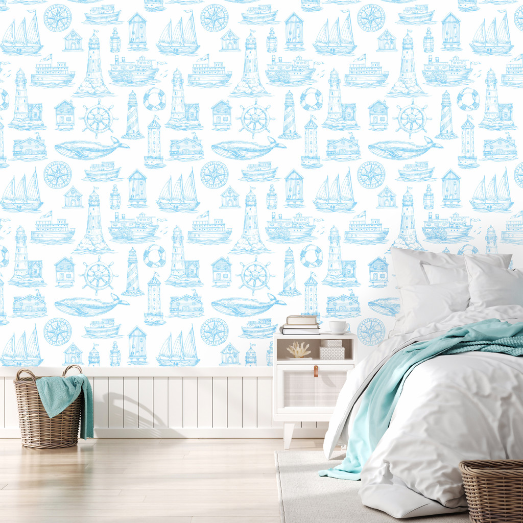 Svetlá tapeta s morským, námorníckym motívom, majáky a lode, biela a modrá - Dekoori obrázok 2