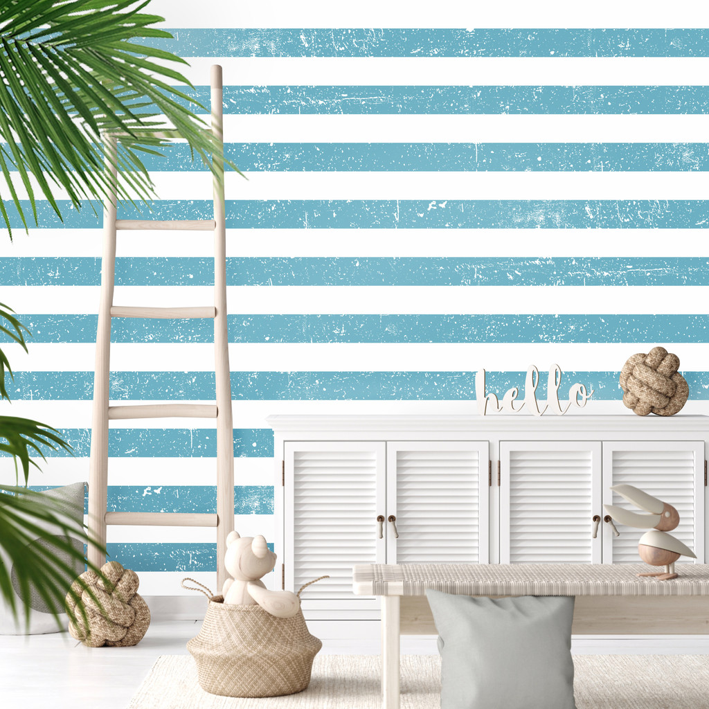 Bílo-modrá tapeta v mořském stylu s vodorovnými pruhy imitujícími opotřebení - Dekoori obrázek 2