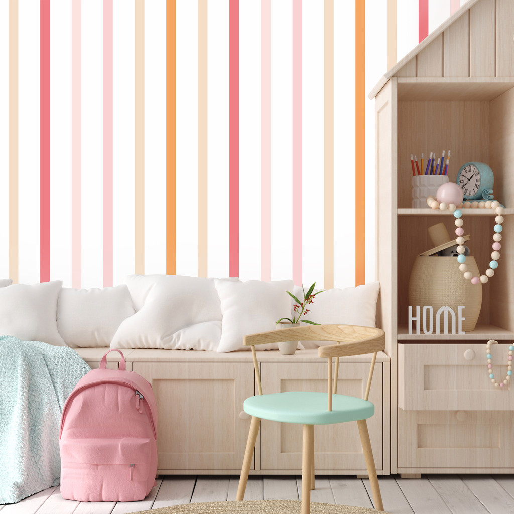 Škandinávska tapeta na stenu s bielo-béžovo-ružovo-oranžovými vertikálnymi pruhmi, do detskej izby - Dekoori obrázok 2