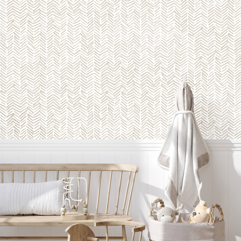 White boho wallpaper with beige dashes, herringbone pattern, colonial style - Dekoori image 2