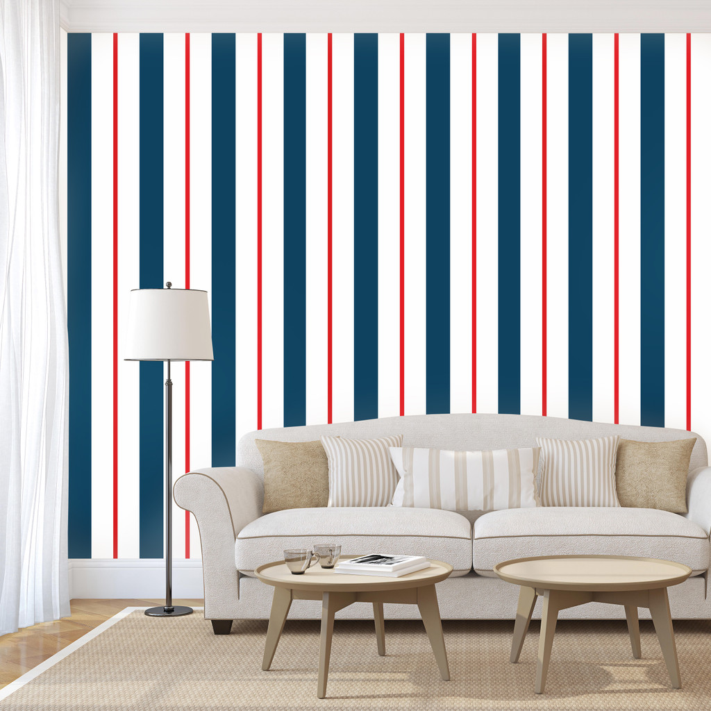 Tmavě modro-bílo-červená námořnická tapeta se svislými pruhy, dekorativní, námořní - Dekoori obrázek 2