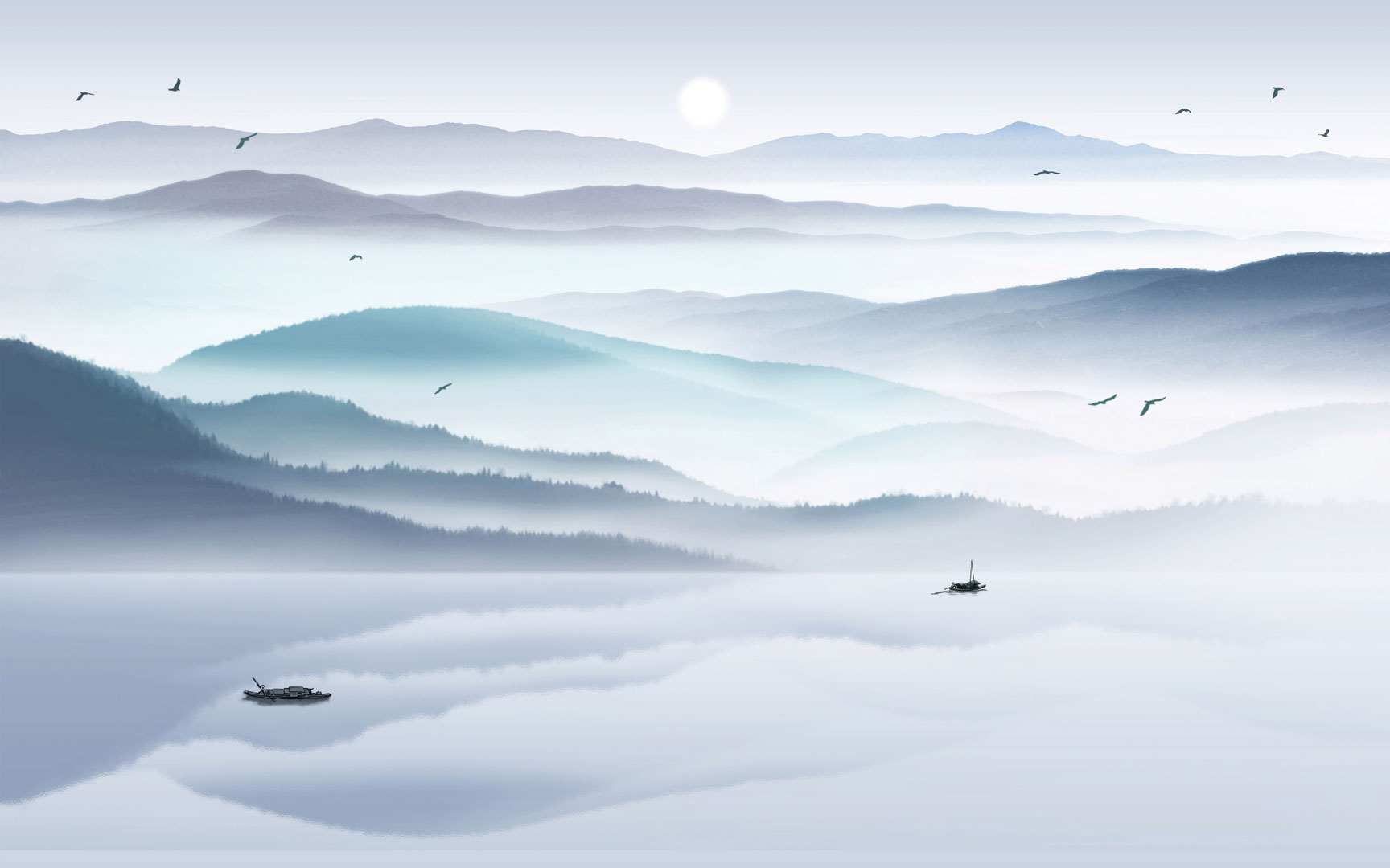Niebiesko-szara fototapeta JEZIORO WE MGLE góry, łódki, ptaki, las, blade słońce - Dekoori zdjęcie 1