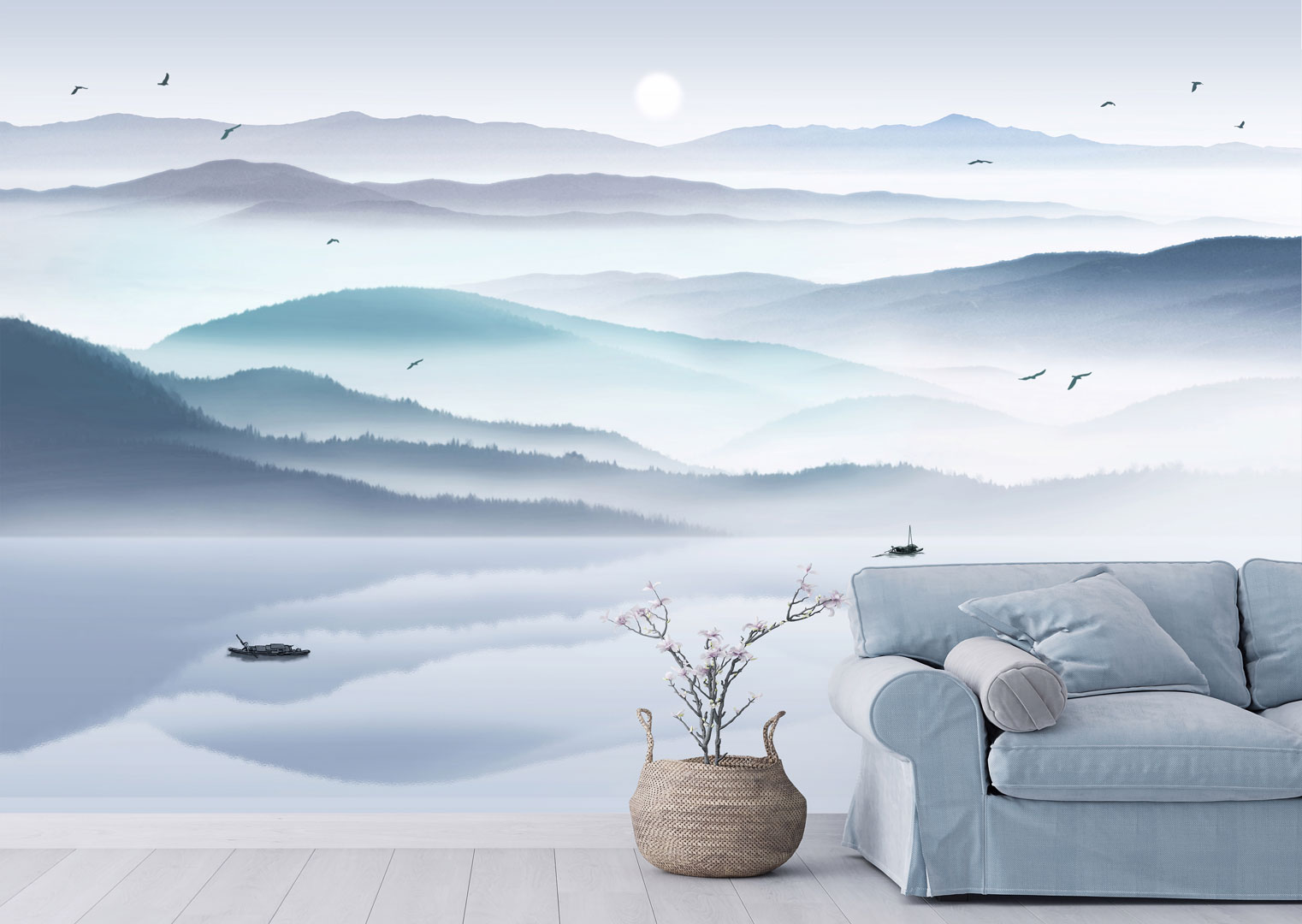 Modrošedá tapeta, jezero v mlze, hory, lodě, ptáci, les, bledé slunce - Dekoori obrázek 2