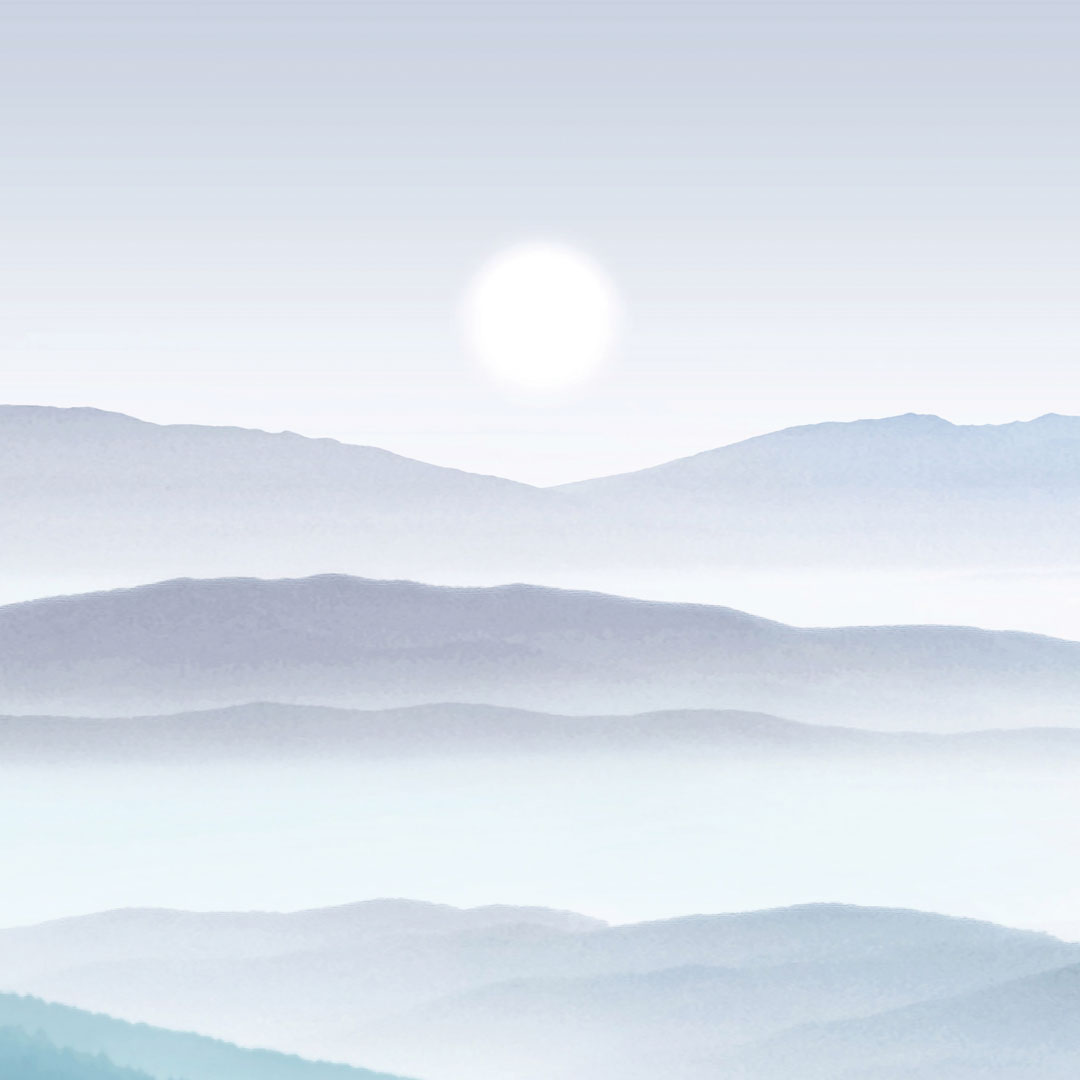 Modro-šedá tapeta, jazero v hmle, hory, lode, vtáky, les, bledé slnko - Dekoori obrázok 4