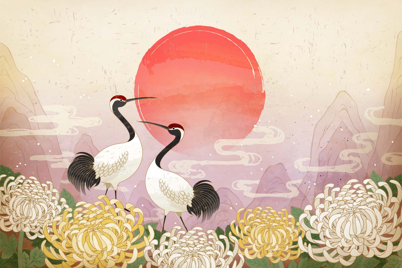 Orientalna fototapeta CZAPLE O ZACHODZIE SŁOŃCA na kwiatach chryzantemy, postarzana, japońska - Dekoori zdjęcie 1