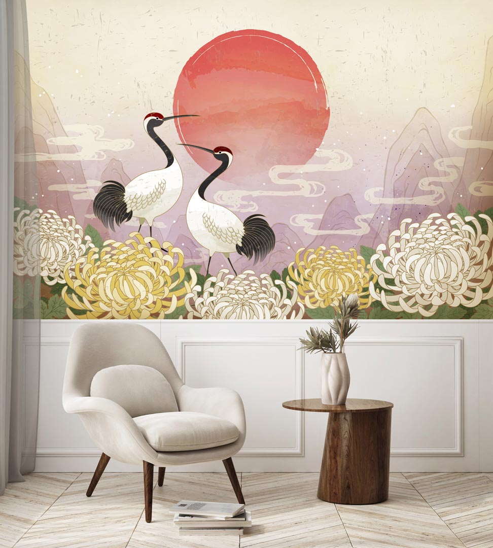 Orientální tapeta, ptáci, volavky, západ slunce, květy chryzantémy, japonský styl - Dekoori obrázek 2