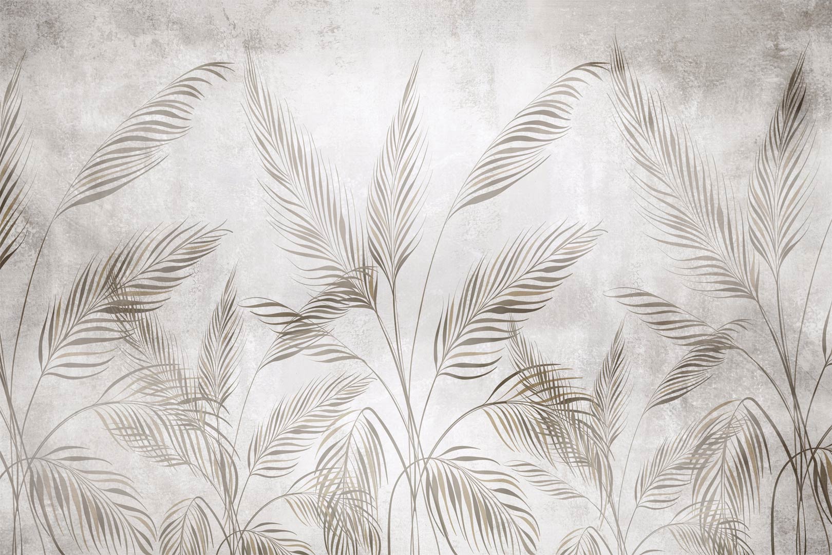 Dekorativní tapeta, béžové a hnědé palmové listy na krémově šedém pozadí, boho styl - Dekoori obrázek 1