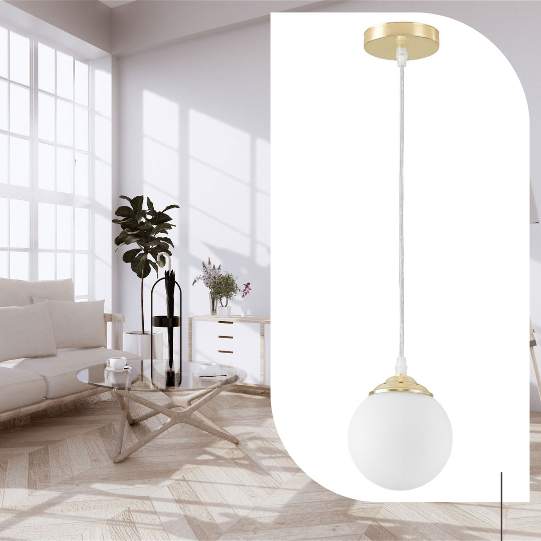 Jednoduchá zlatá závesná lampa guľa, biela sklenená guľôčka, guľovité tienidlo, klasické zlato - FINO W1 - Lampit obrázok 2