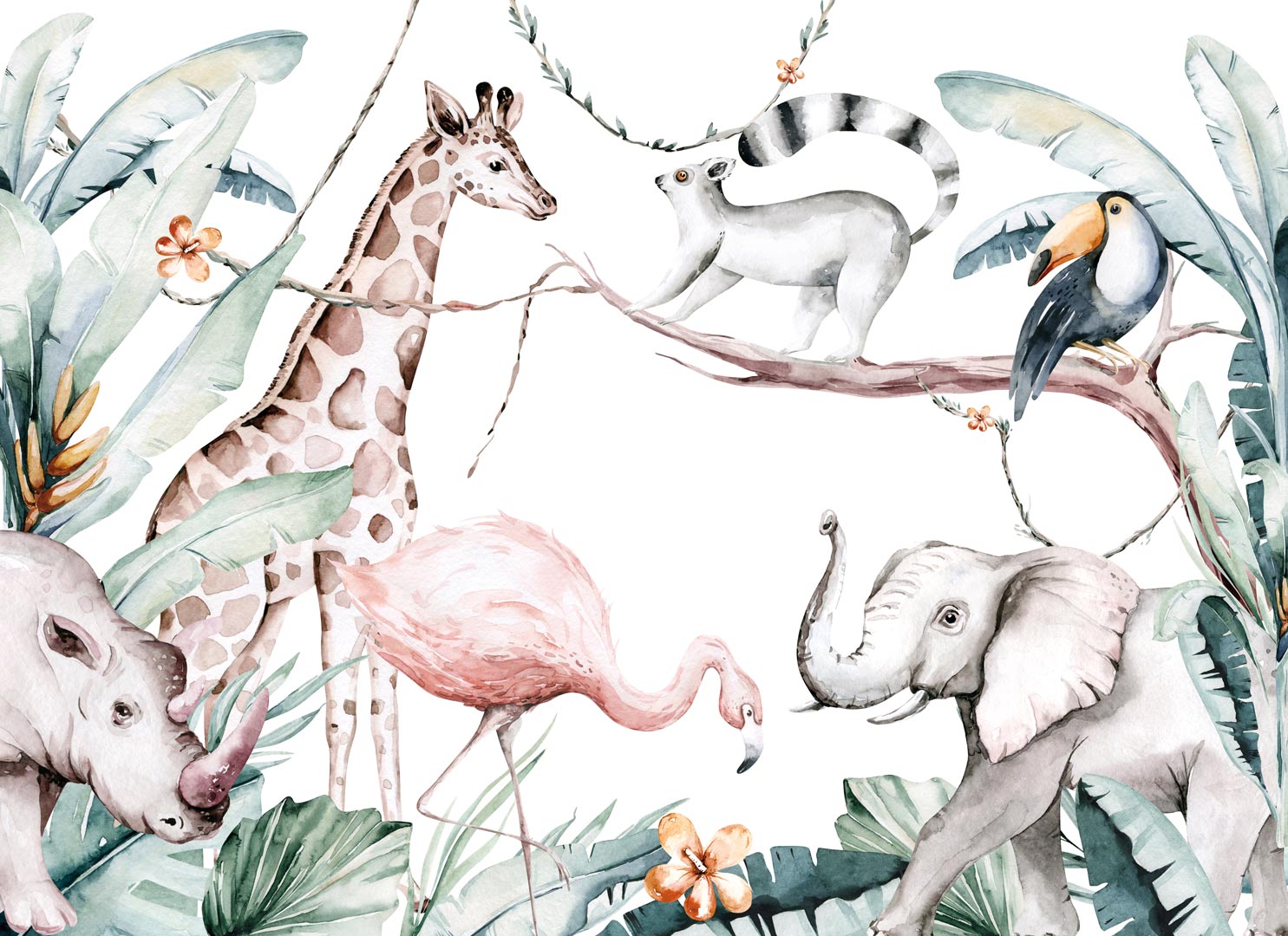 CHILDREN'S SAFARI wallpaper, animals in the jungle, watercolour, for children's room - Dekoori image 1