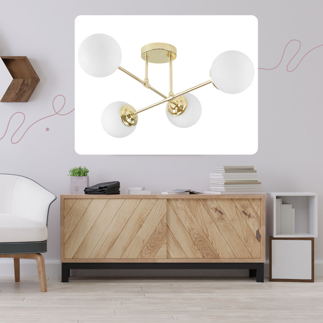 Gold ceiling lamp, asymmetrical shape, metal tubes, white balls, classic gold - FINO - Lampit image 2