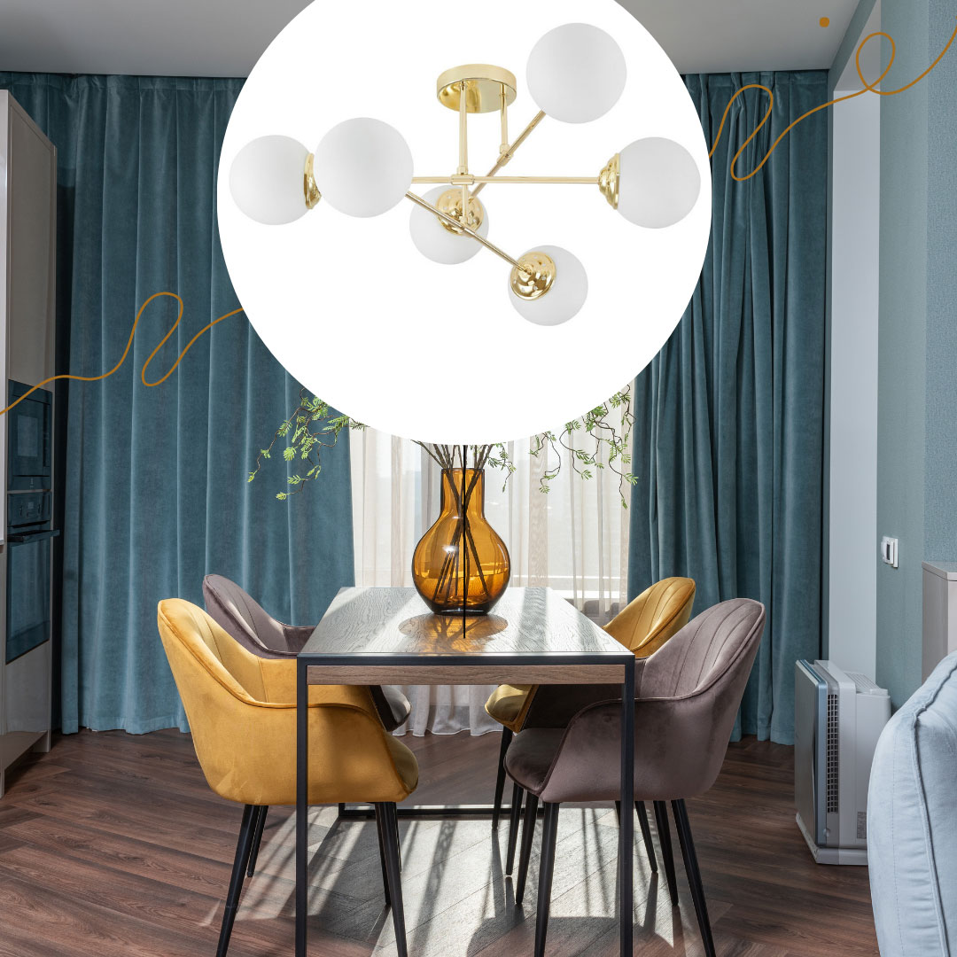Zlaté stropné svietidlo, asymetrický tvar, kovové trubice, biele gule, klasická zlatá farba - FINO - Lampit obrázok 2