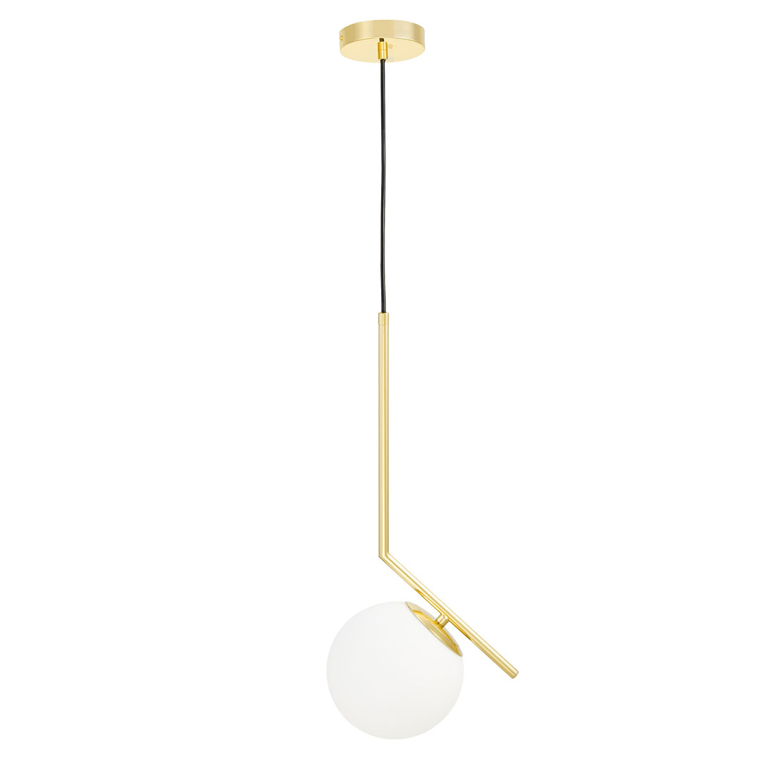 Złota lampa wisząca, biała szklana kula, designerskie ramię, klasyczne złoto - SORENTO zdjęcie 2
