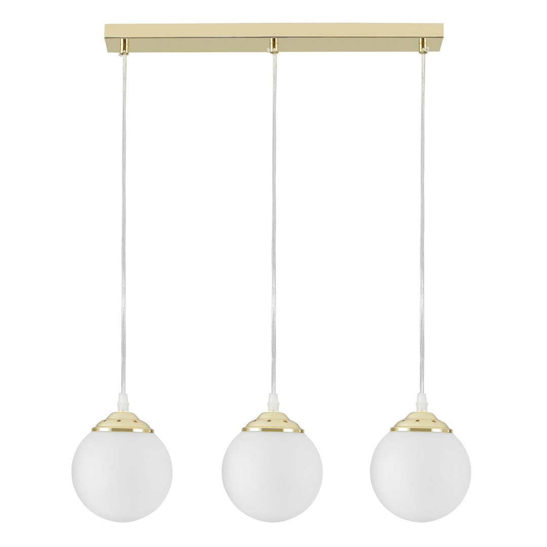 Trojitá závesná lampa nad jedálenský stôl alebo kuchynský ostrovček, biele gule, klasická zlatá - FINO - Lampit obrázok 1