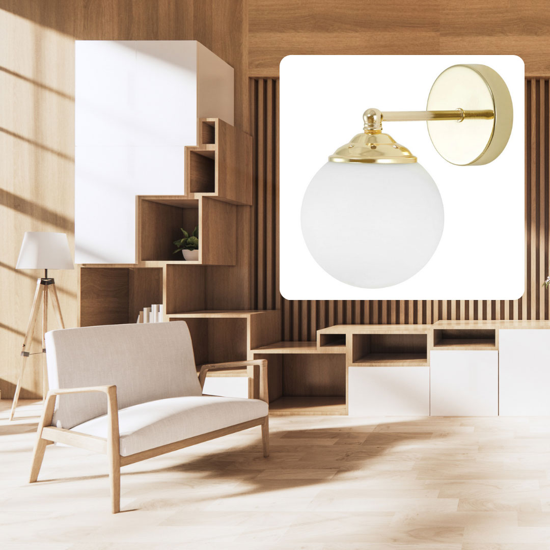 Zlatá nástenná lampa, biela sklenená guľa, guľové tienidlo, klasická zlatá farba - FINO W1 - Lampit obrázok 2
