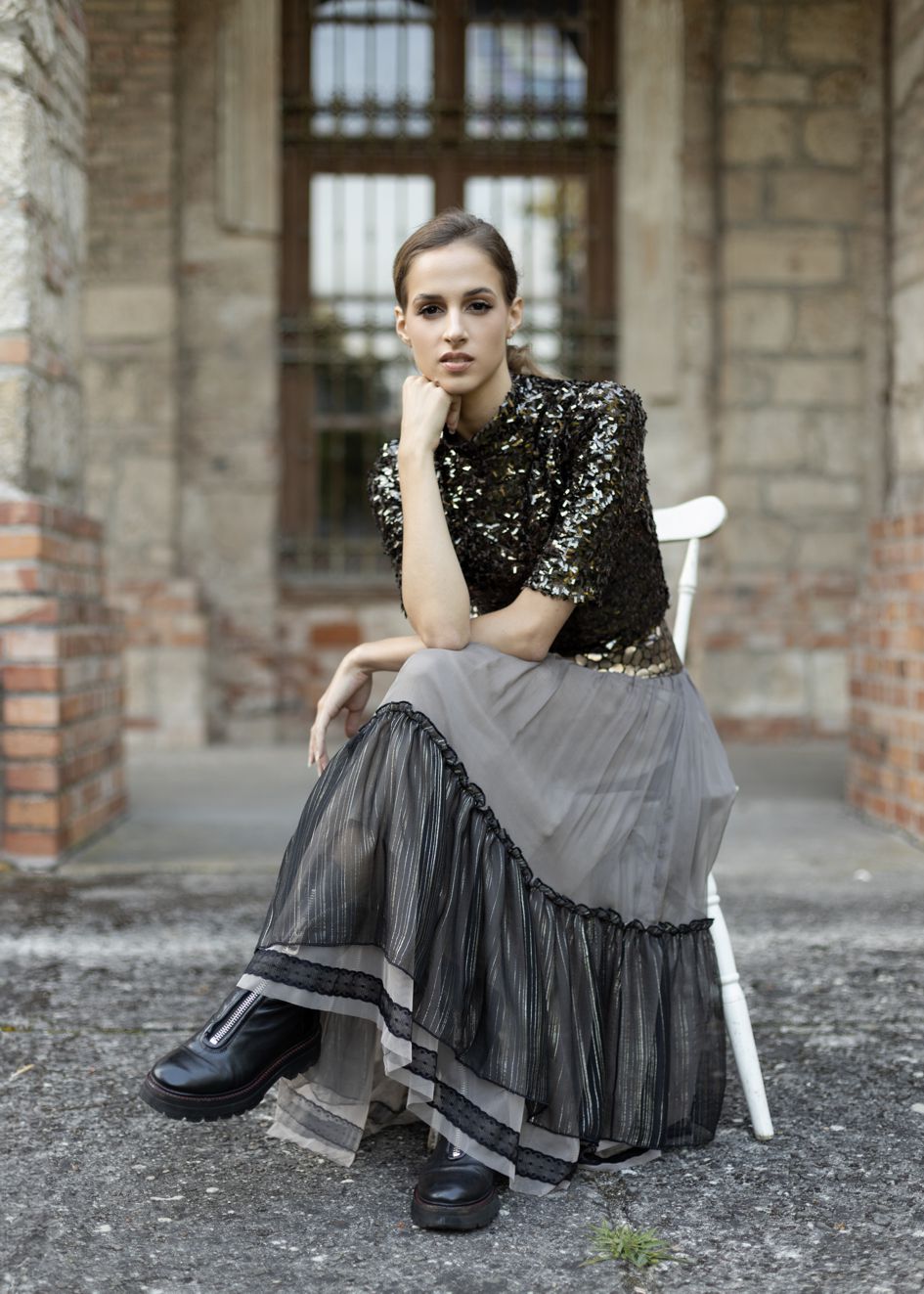 124001 TAUPE/BLACK SKIRT WITH SILK FRILL  - By Rieske image 3