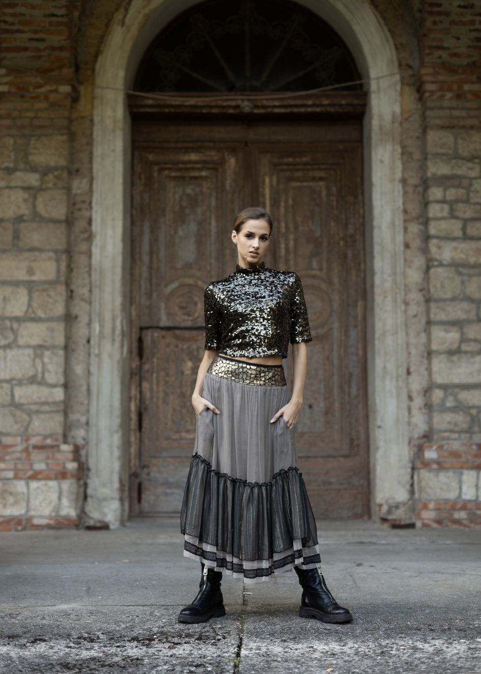 124001 TAUPE/BLACK SKIRT WITH SILK FRILL  - By Rieske image 2