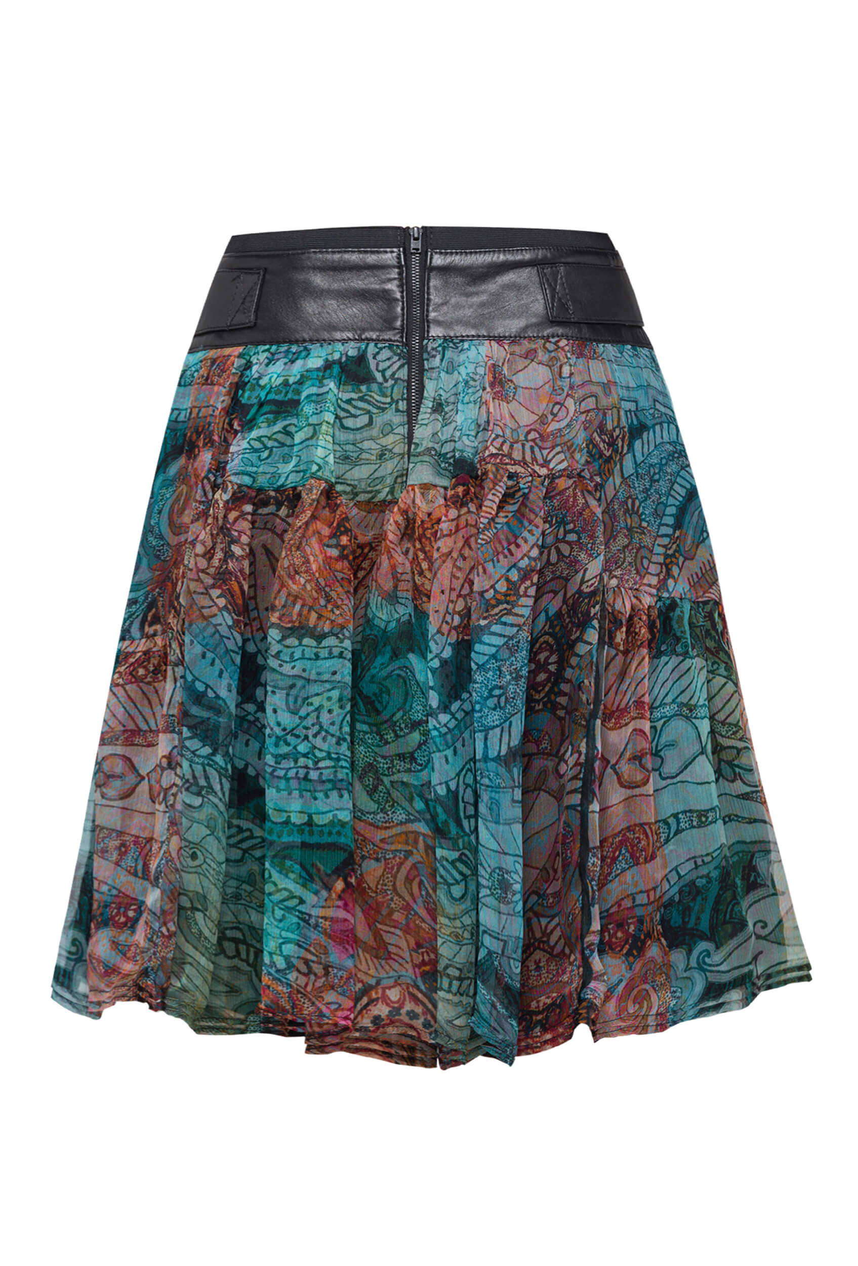 silk and leather skirt, silk skirt with leather yoke and belt, skirt with multicolor pattern, skirt  made of Italian leather, skirt with yoke made of natural leather and silk chiffon