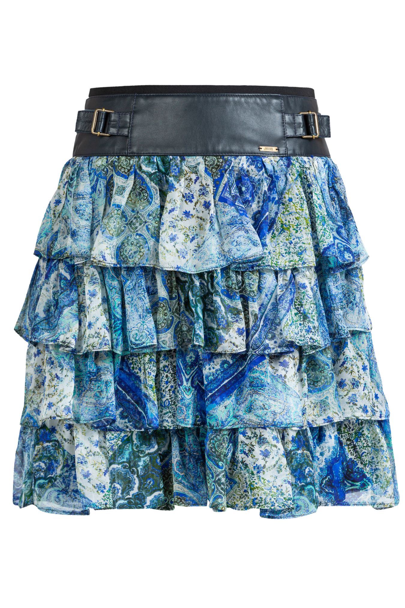 silk skirt with frills and leather yoke, skirt with silk frills, skirt with floral motif, skirt blue silk, silk with leather yoke and silk frills