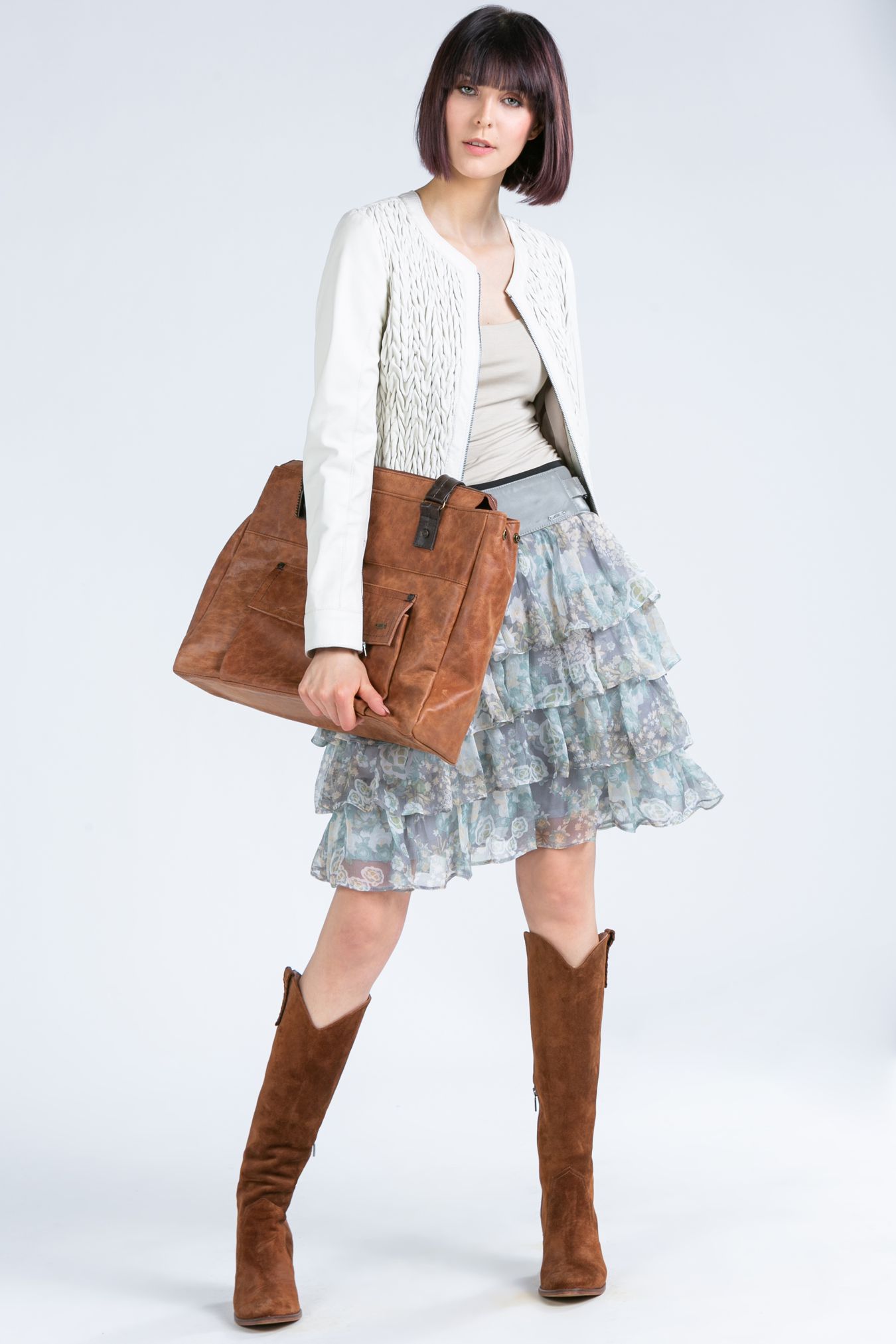 skirt made of silk and leather, silk skirt with a leather yoke and ruffles, skirt with a plant pattern, ash-colored skirt, skirt with a yoke made of natural leather and silk chiffon