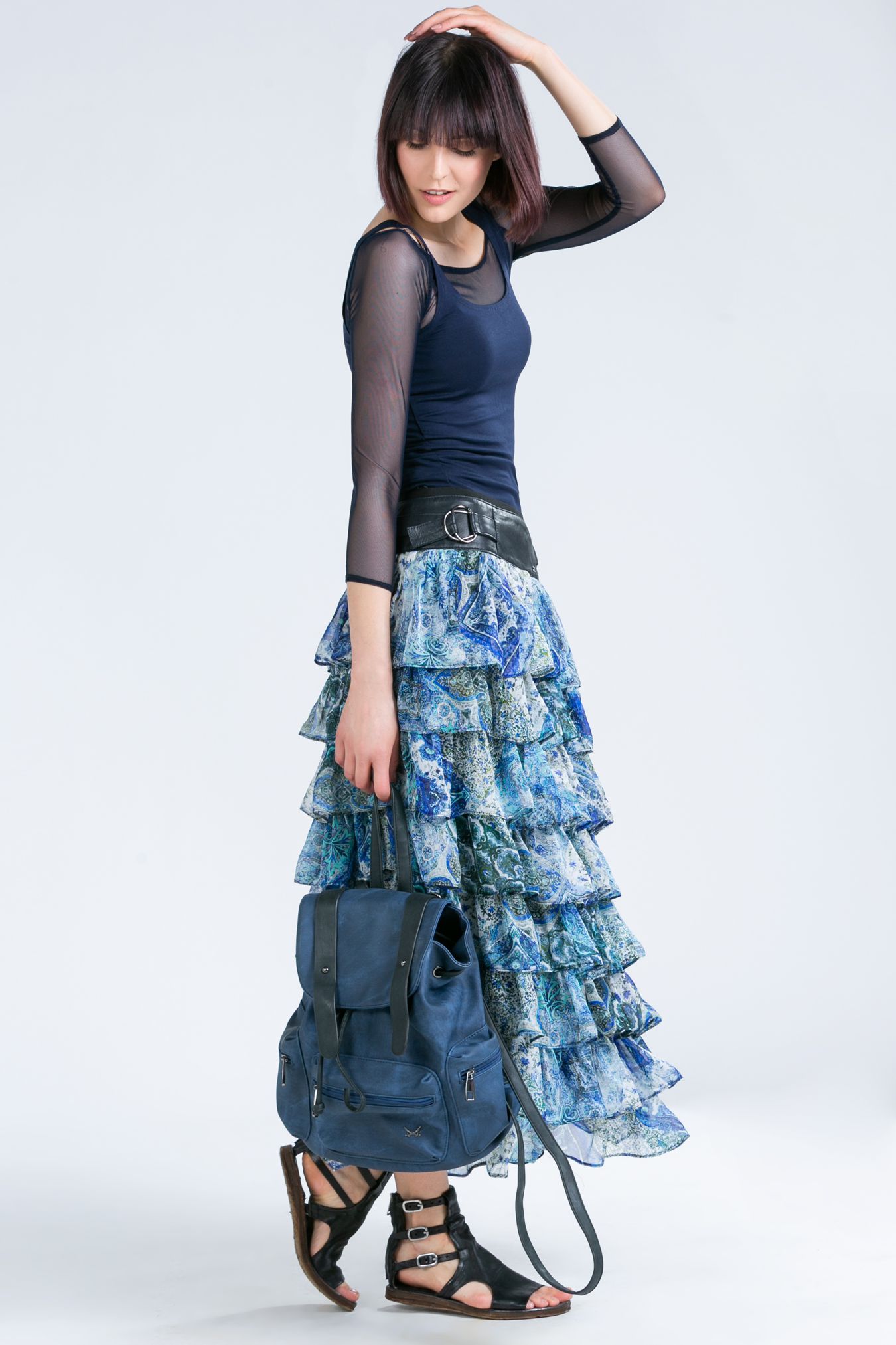 silk maxi skirt with frills and leather yoke, maxi skirt with silk frills, skirt with floral motif, skirt blue silk, silk with leather yoke and silk frills