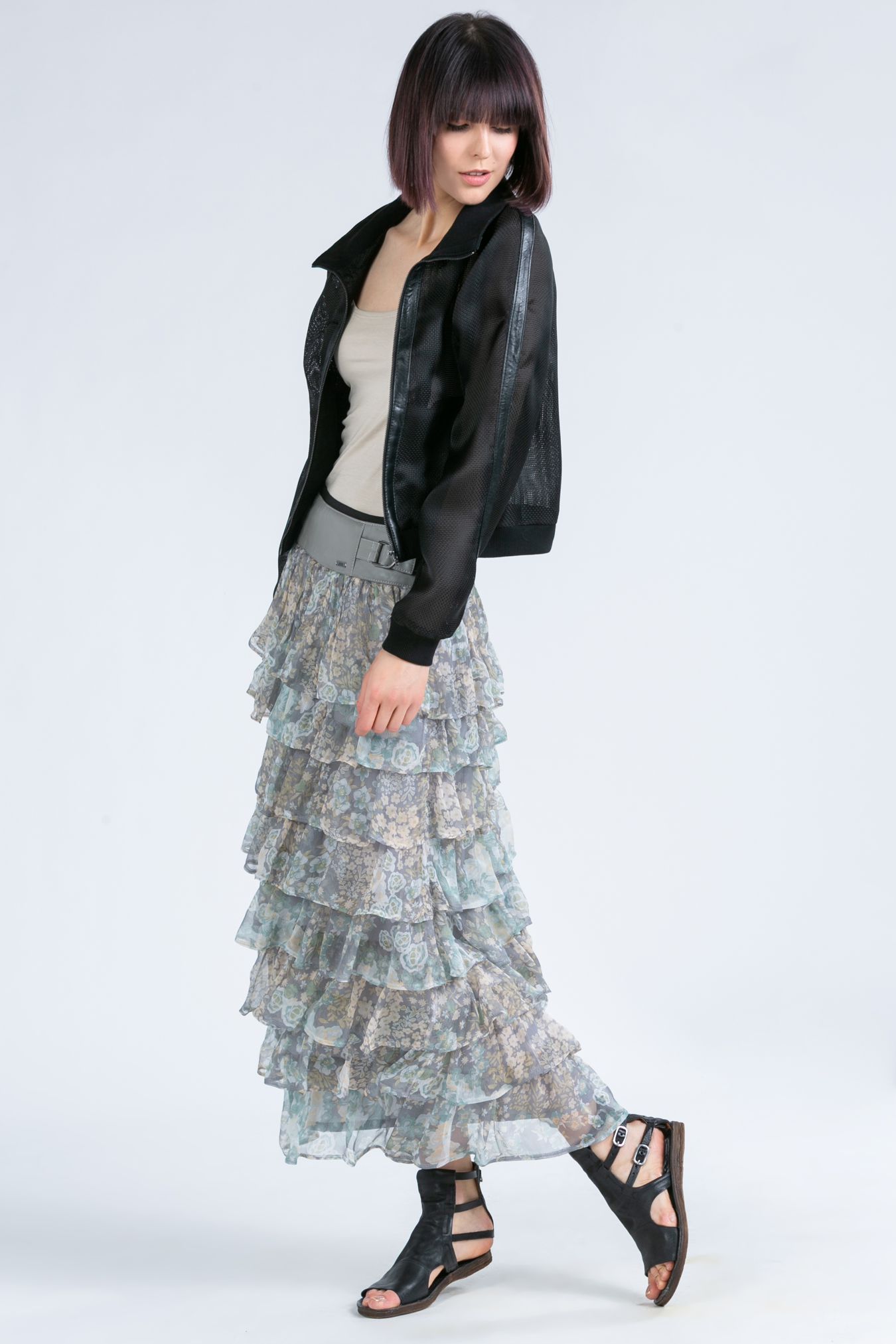 maxi skirt made of silk and leather, silk skirt with a leather yoke and ruffles, floral pattern skirt, ash maxi skirt, long skirt with a yoke made of natural leather and silk chiffon