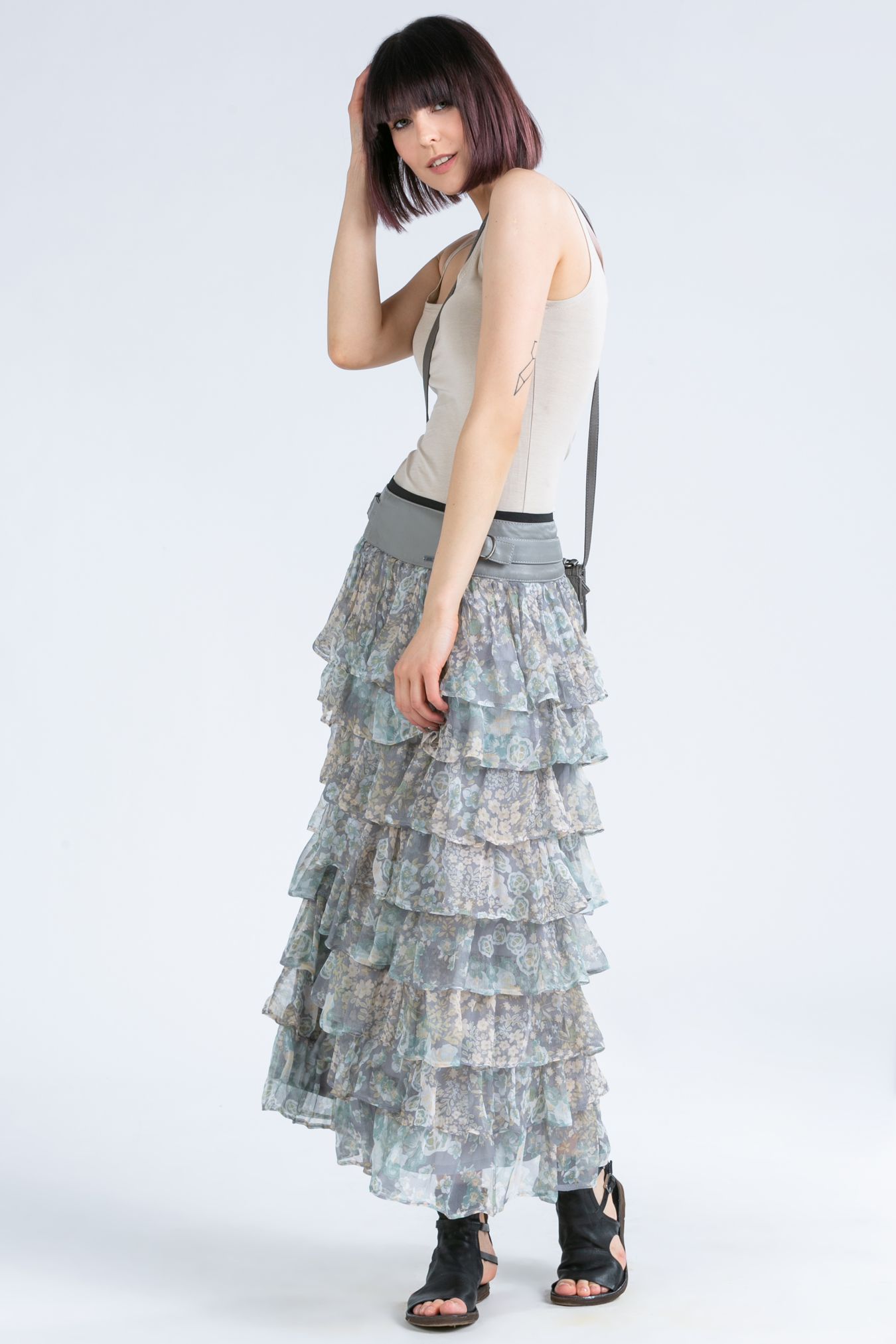 maxi skirt made of silk and leather, silk skirt with a leather yoke and ruffles, floral pattern skirt, ash maxi skirt, long skirt with a yoke made of natural leather and silk chiffon