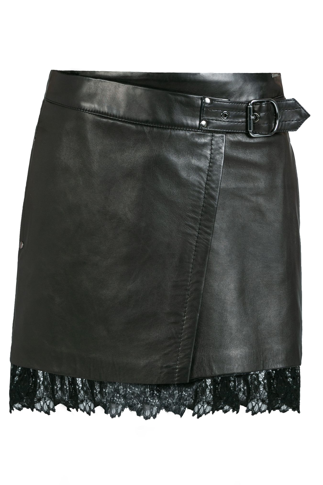 leather skirt, leather skirt ﻿with petticoat finished with lace, black leather skirt, black envelope skirt, leather mini skirt, envelope leather mini skirt