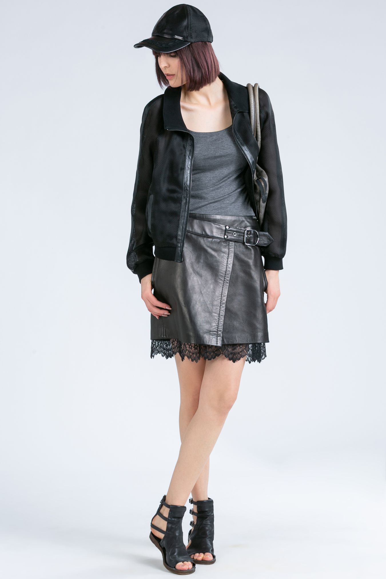 leather skirt, leather skirt ﻿with petticoat finished with lace, black leather skirt, black envelope skirt, leather mini skirt, envelope leather mini skirt