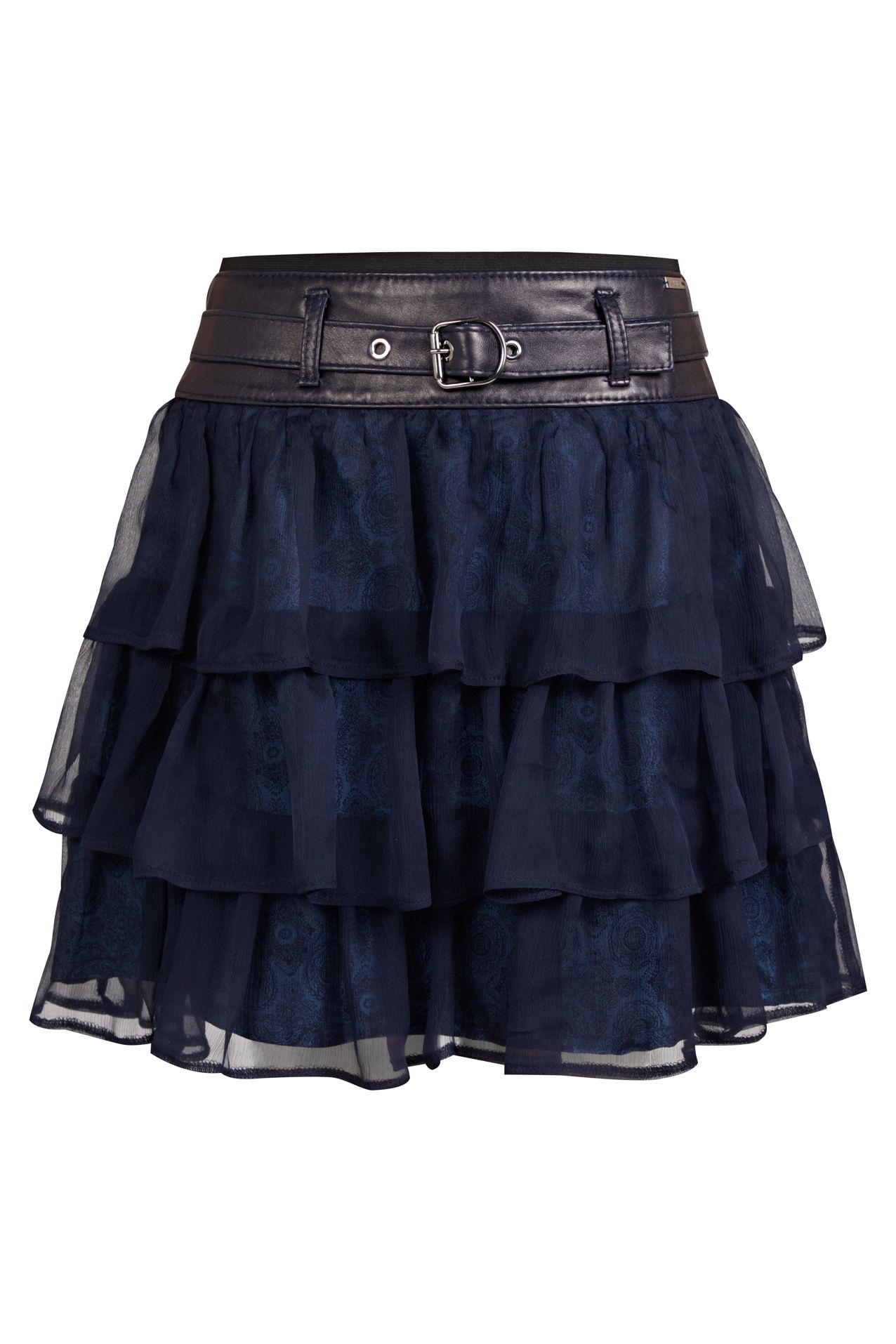silk skirt with frills and leather yoke, skirt with silk frills, skirt navy blue, skirt navy blue silk, silk with leather yoke and silk frills, polish designer skirt, made in poland silk skirt
