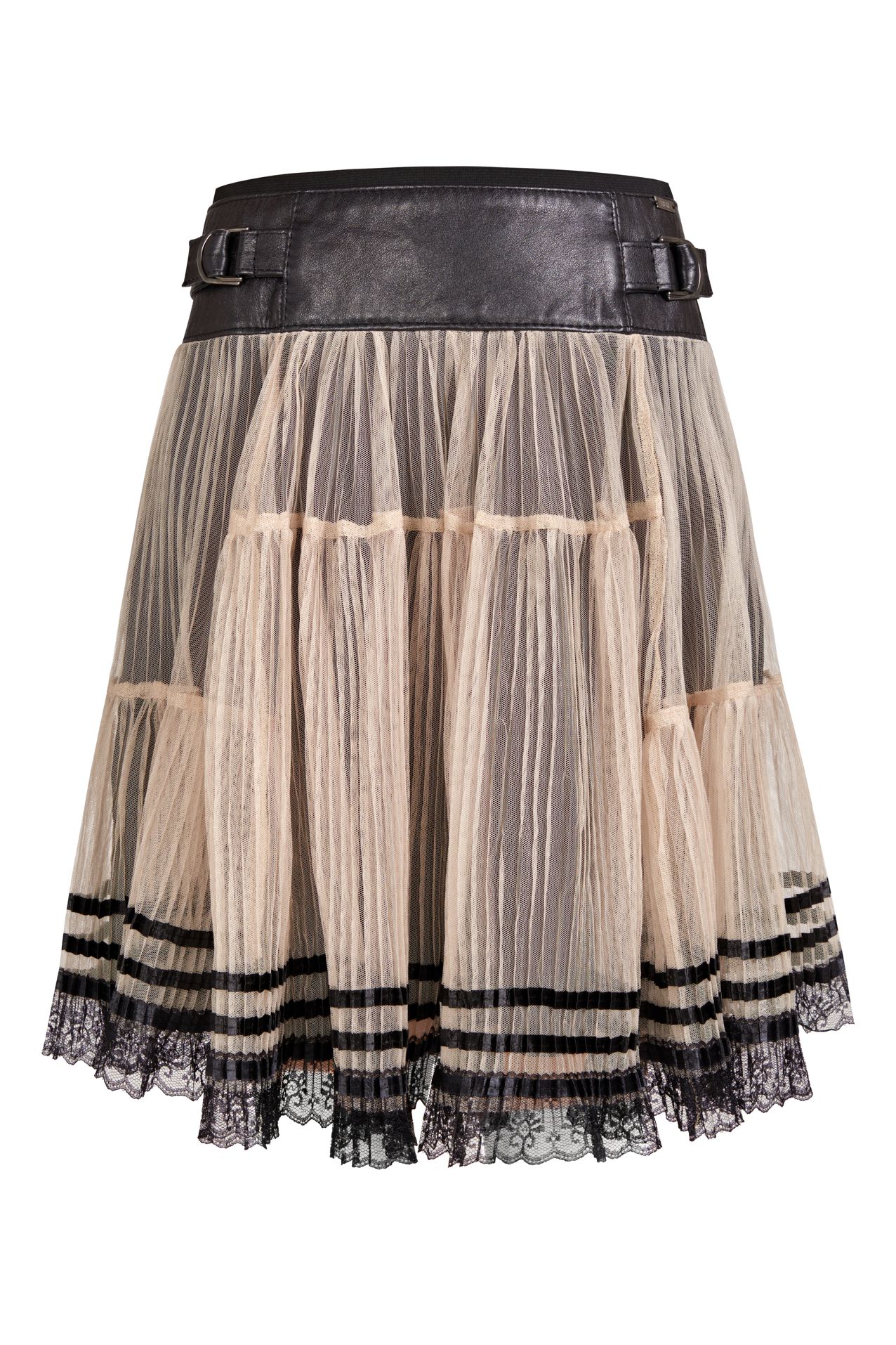 tulle and leather skirt, tulle skirt with leather yoke and belt, skirt with yoke and Italian leather strap, skirt with yoke of natural leather and tulle, ecru skirt with natural  black leather yoke, skirt polish brand, made in poland skirt