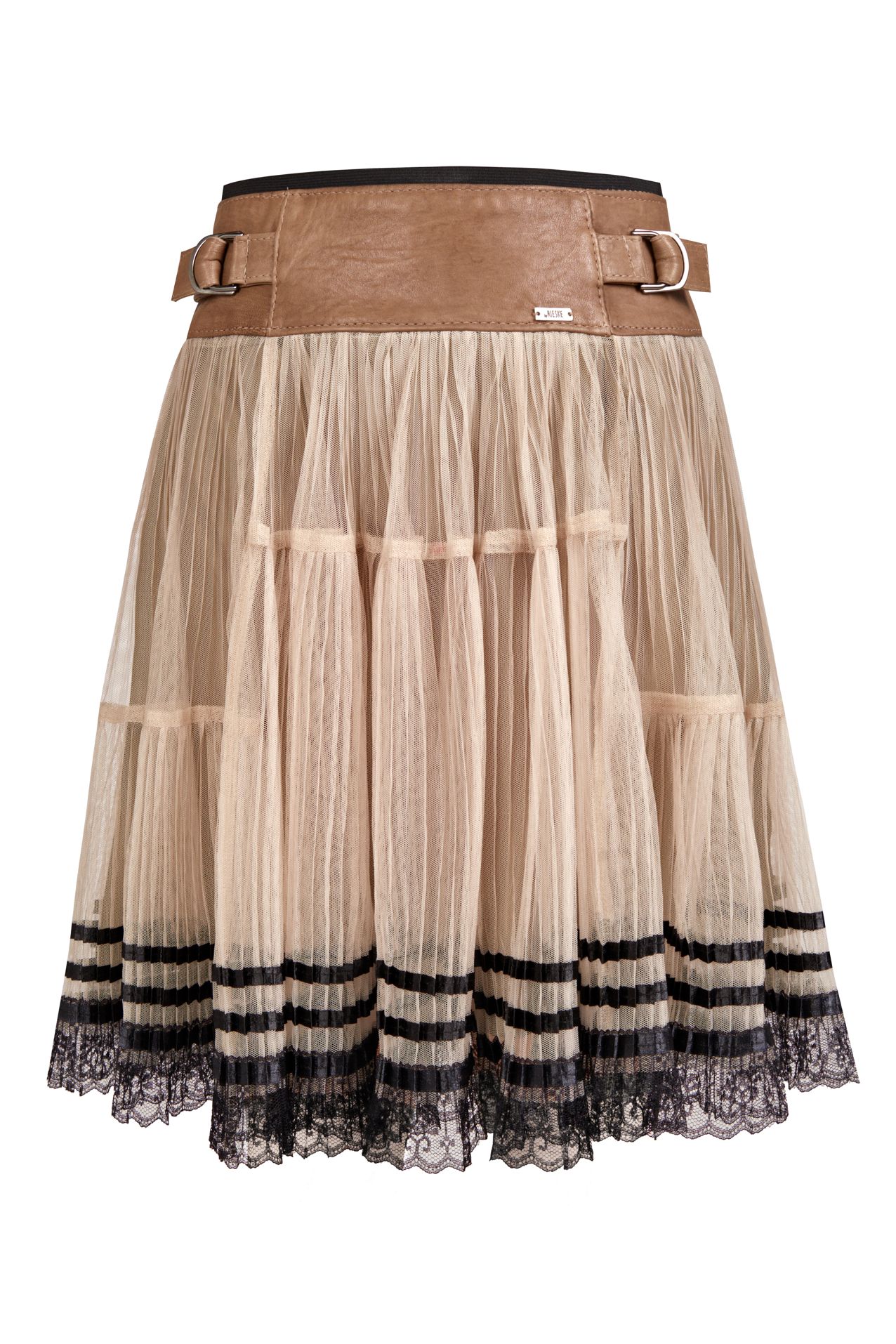 tulle and leather skirt, tulle skirt with leather yoke and belt, skirt with yoke and Italian leather strap, skirt with yoke of natural leather and tulle, ecru skirt with natural  brown leather yoke, skirt polish brand, made in poland skirt