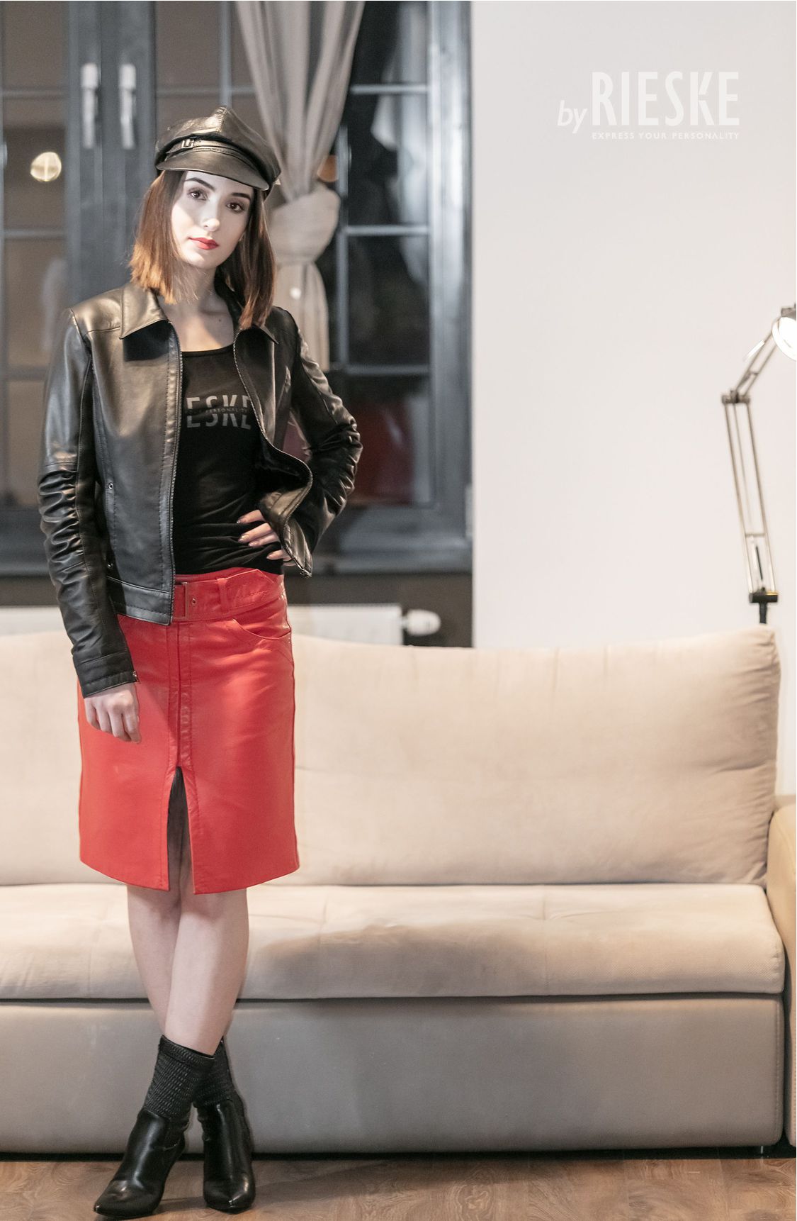 leather pencil skirt, leather skirt with leather strap, red leather skirt, red Italian leather skirt, red natural leather skirt, premium skirt
