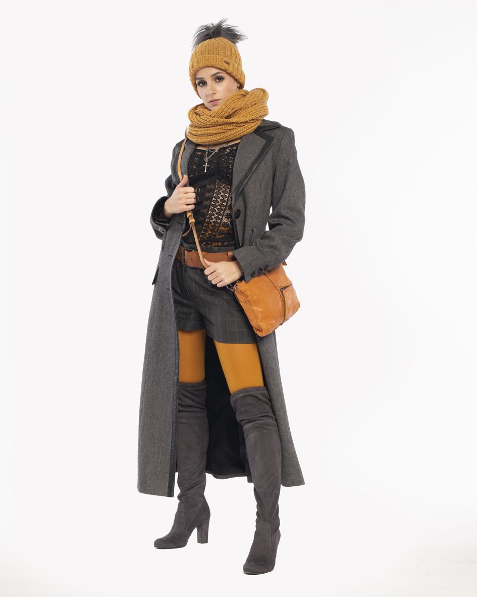 womens wool coat, coat made of wool with leather trim, herringbone coat in wool, wool coat by rieske, premium coat polish brand, made in Poland wool coat, gray coat polish designer