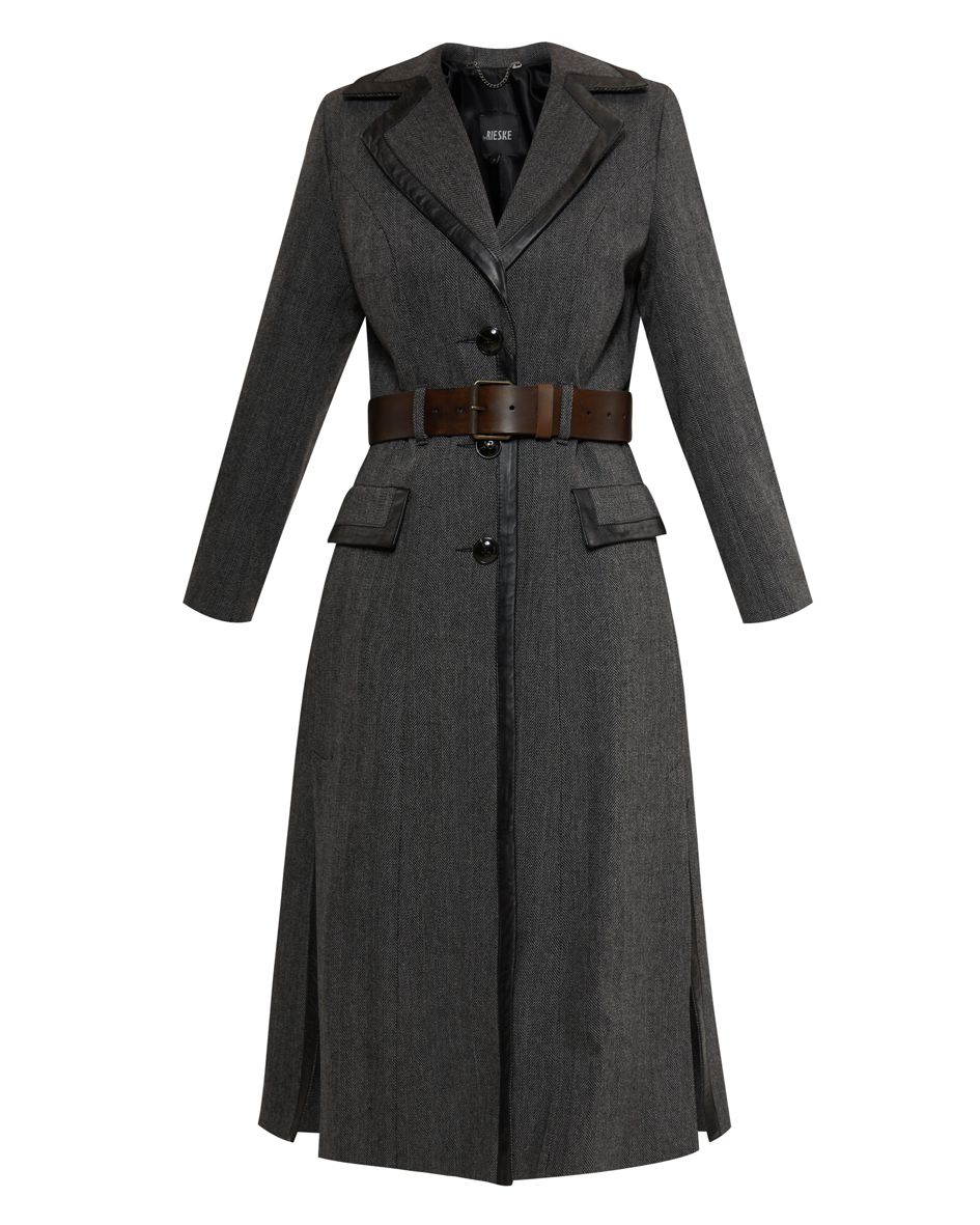 womens wool coat, coat made of wool with leather trim, herringbone coat in wool, wool coat by rieske, premium coat polish brand, made in Poland wool coat, gray coat polish designer