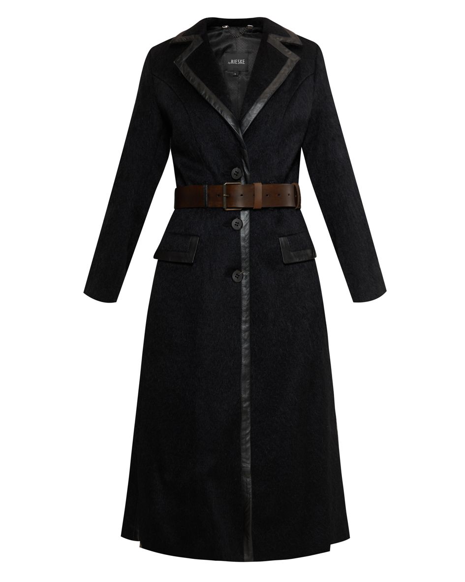 womens alpaca coat, coat made of black alpaca with leather trim, black coat, alpaca premium coat by rieske, premium coat polish brand, made in Poland alpaca coat, black coat polish designer