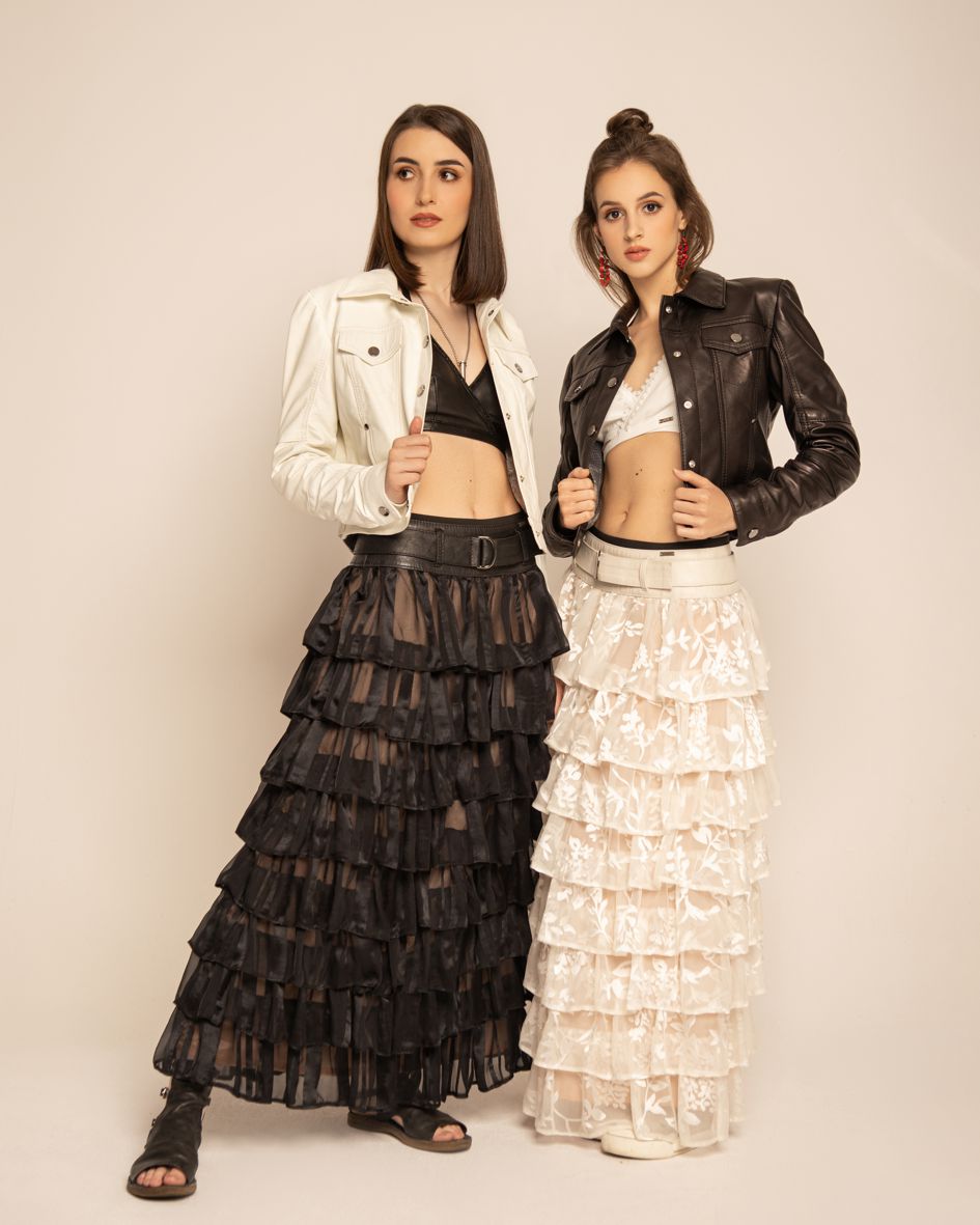 maxi skirt made of silk and leather, silk skirt with a leather yoke and ruffles, skirt with black ruffles, maxi skirt, long skirt with a yoke made of natural leather and silk chiffon