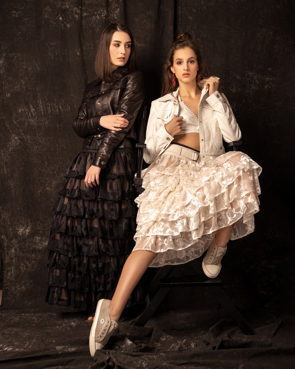 maxi skirt made of silk and leather, silk skirt with a leather yoke and ruffles, skirt with cream ruffles, maxi skirt, long skirt with a yoke made of natural leather and silk chiffon