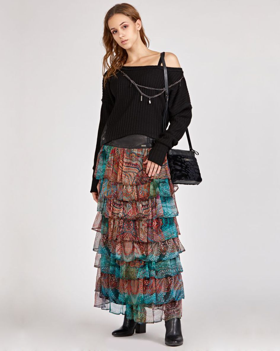 maxi skirt made of silk and leather, silk skirt with leather yoke and frills, silk maxi skirt, maxi skirt with ruffles, long skirt with yoke made of natural leather and silk chiffon