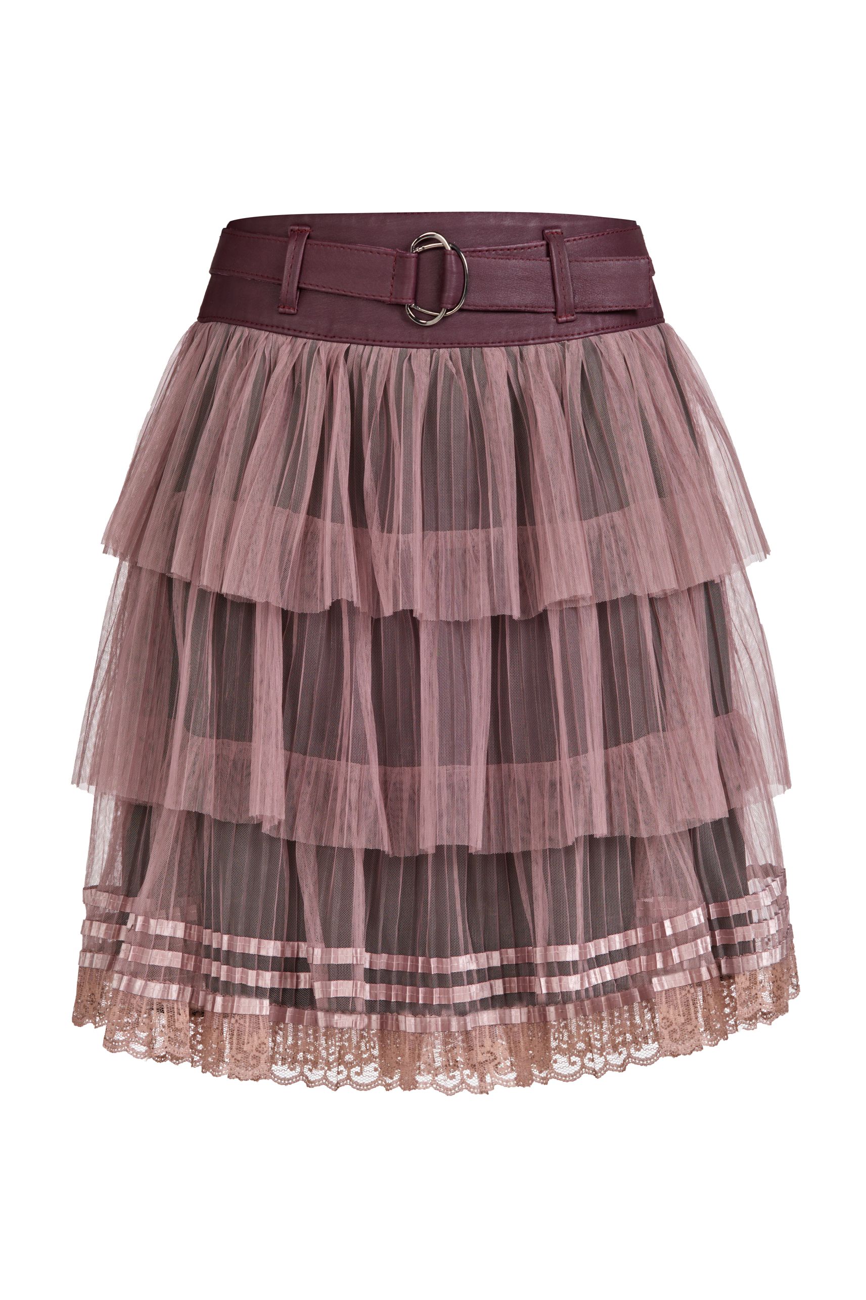 skirt made of tulle and leather, tulle skirt with leather yoke and belt, skirt with yoke and belt made of Italian leather, skirt with yoke made of natural leather and pleated tulle, skirt with yoke made of natural leather