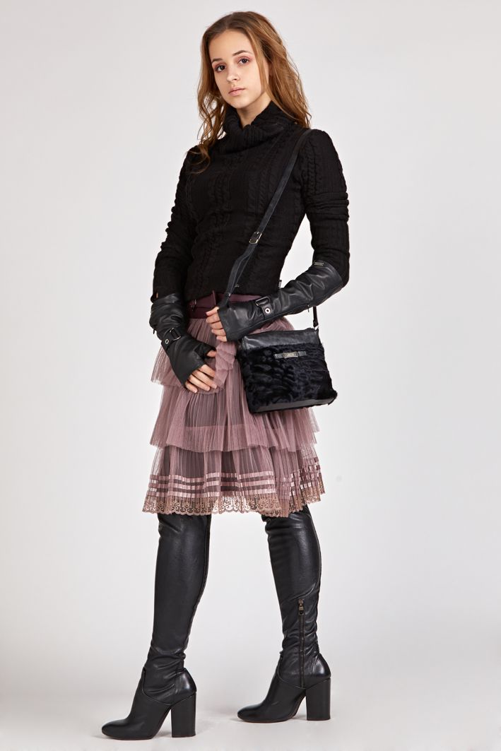 skirt made of tulle and leather, tulle skirt with leather yoke and belt, skirt with yoke and belt made of Italian leather, skirt with yoke made of natural leather and pleated tulle, skirt with yoke made of natural leather