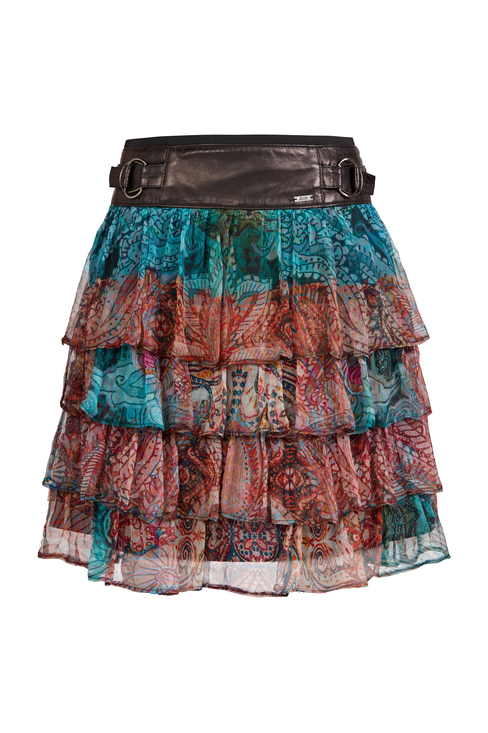 skirt made of silk and leather, silk skirt with a leather yoke and ruffles, multicolored skirt, skirt with a yoke made of natural leather and silk chiffon
