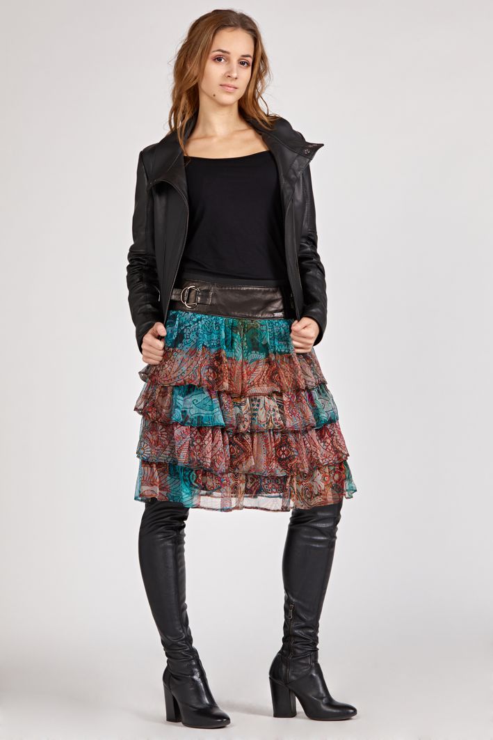 skirt made of silk and leather, silk skirt with a leather yoke and ruffles, multicolored skirt, skirt with a yoke made of natural leather and silk chiffon