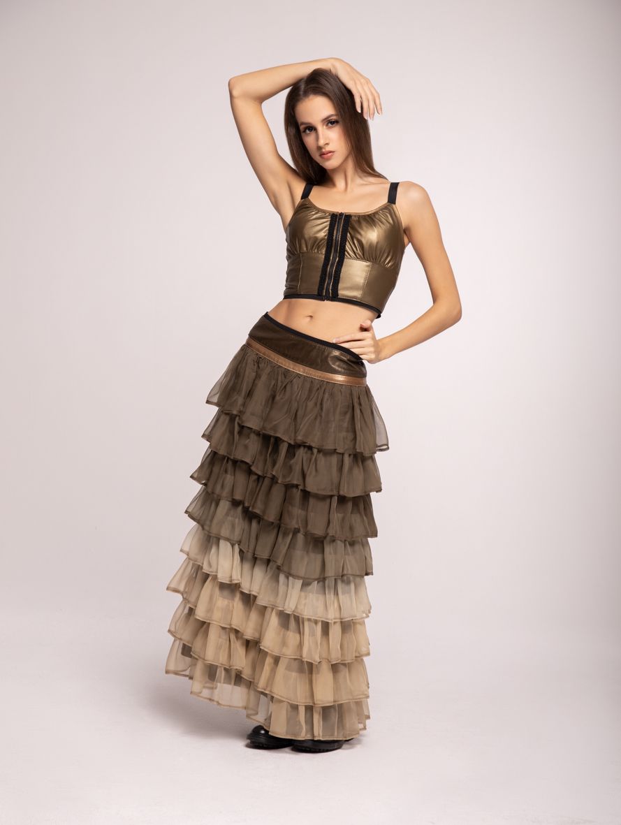 maxi skirt made of silk and leather, silk skirt with leather yoke and frills, skirt with frills ombre, maxi skirt, long skirt with yoke made of natural leather and silk chiffon, silk leather skirt, maxi skirt with frills