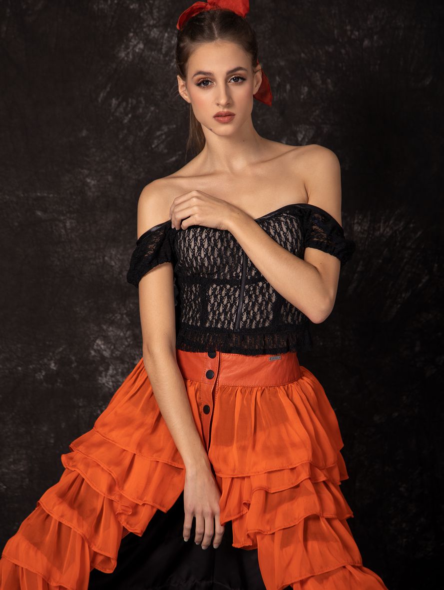 maxi skirt made of silk and leather, silk skirt with leather yoke and frills, skirt with orange frills, maxi skirt, long skirt with yoke made of natural leather and silk chiffon, maxi silk skirt, Spanish skirt, Spanish maxi skirt, orange skirt